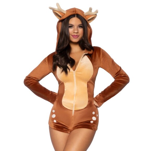 Leg Avenue Pants - Comfy Fawn Women's Costume – Cozy Plush Velvet Deer Romper with Antlers and Tail